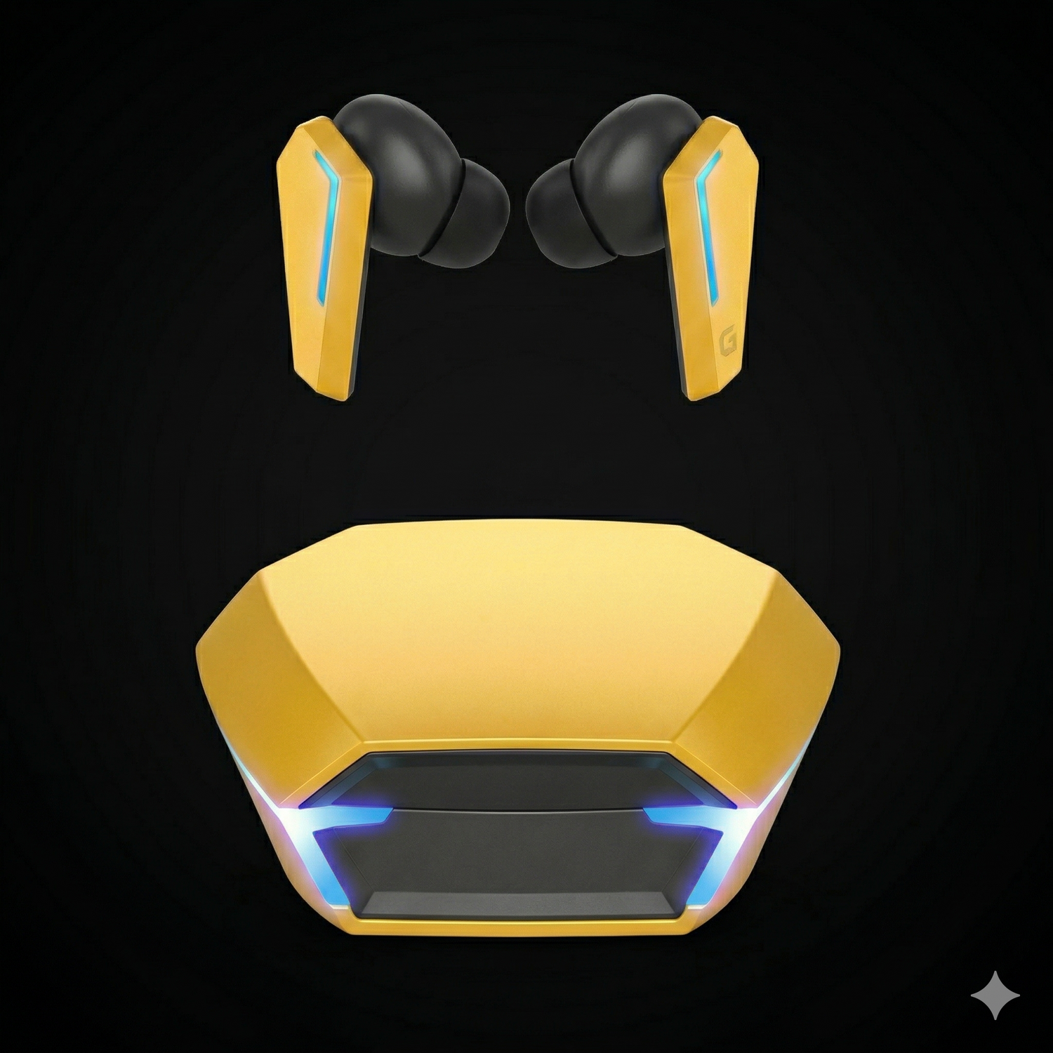 A front-facing product shot of a pair of yellow and black wireless, noise-cancelling premium gaming earphones with blue LED light accents on both earbuds and the matching yellow charging case, against a dark background.