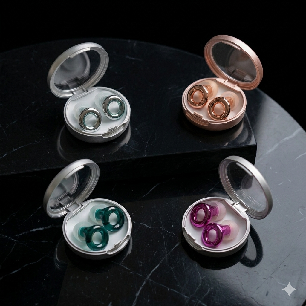 RavEars high-fidelity festival earplugs collection in metallic rose gold, silver, emerald green, and purple, displayed in open premium carrying cases on a black marble surface.