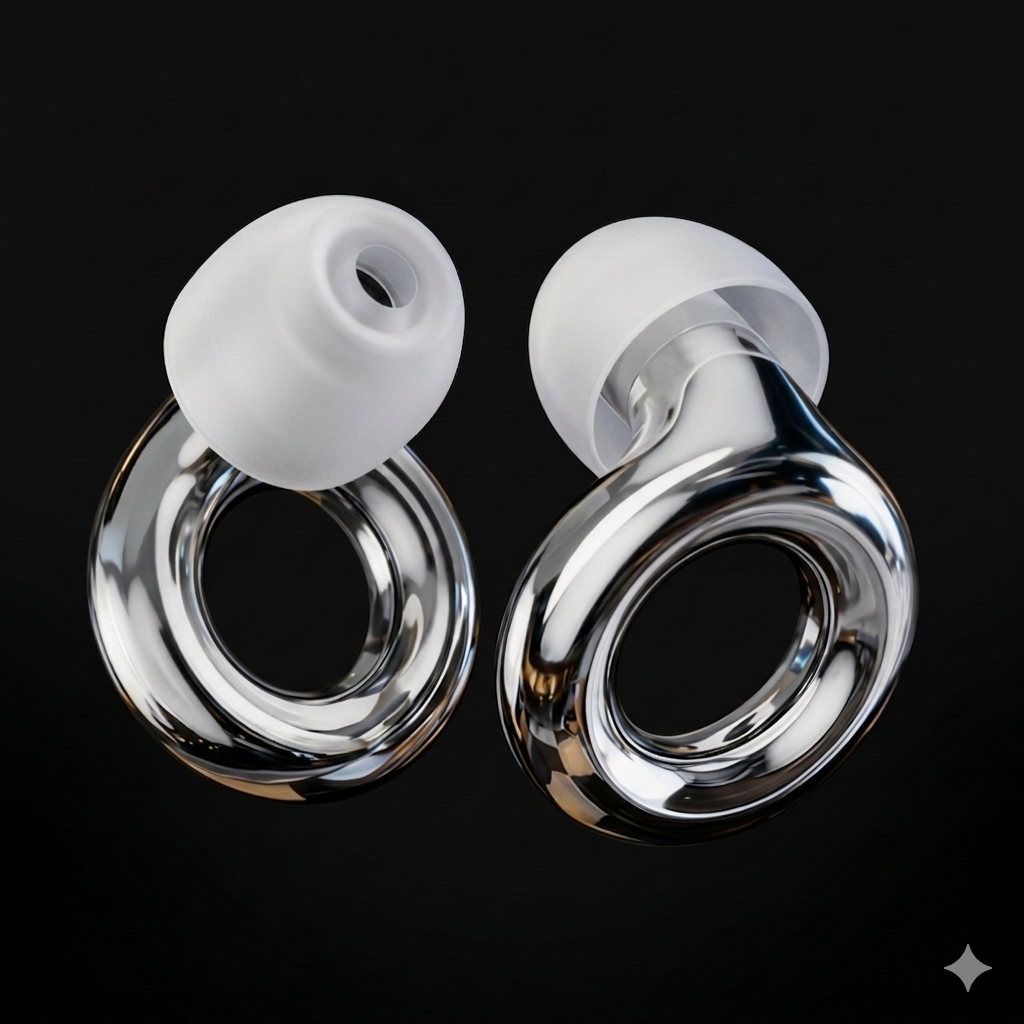 RavEars Limited Edition collection of high-fidelity festival earplugs in premium metallic rose gold, silver, emerald, and purple, displayed in open circular cases on a black marble surface for raves and concerts.