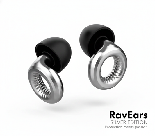 RavEars Silver Limited Edition high-fidelity rave earplugs with 20dB acoustic filters. Sleek metallic silver ear protection for music festivals, concerts, and techno events.