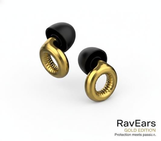 RavEars Gold Limited Edition high-fidelity rave earplugs with 20dB filters. Premium metallic gold ear protection for music festivals, mainstage events, and concerts