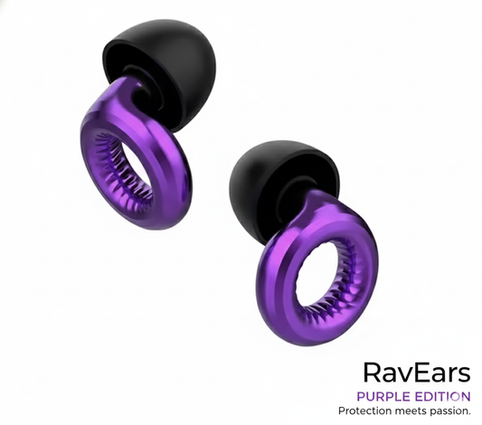 RavEars Purple Limited Edition high-fidelity rave earplugs with 20dB acoustic filters. Vibrant metallic purple ear protection for music festivals, concerts, and trance events