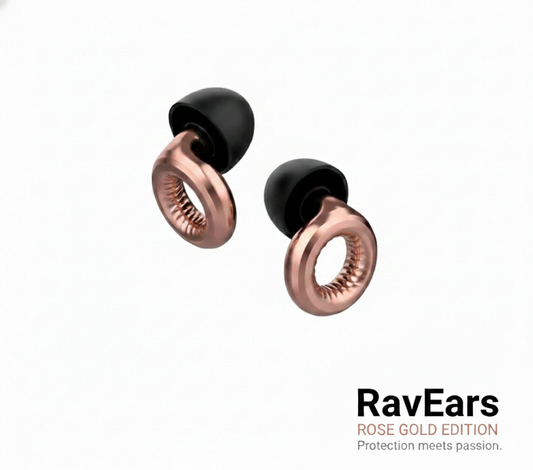RavEars Rose Gold Limited Edition high-fidelity earplugs for music festivals. Premium rose gold metallic finish with 20dB noise reduction filters for ravers and concert-goers.