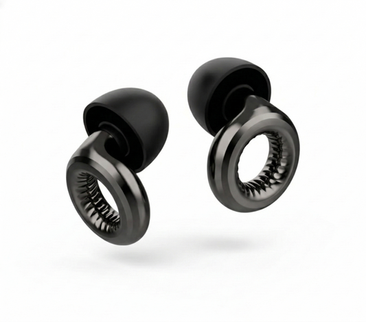 RavEars Black Limited Edition high-fidelity rave earplugs for music festivals and concerts. Premium matte black metallic finish with 20dB acoustic filters for crystal-clear sound.