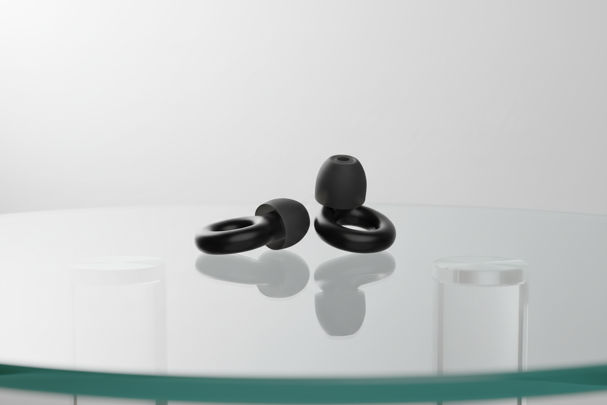 Black earplugs on luxury glass table